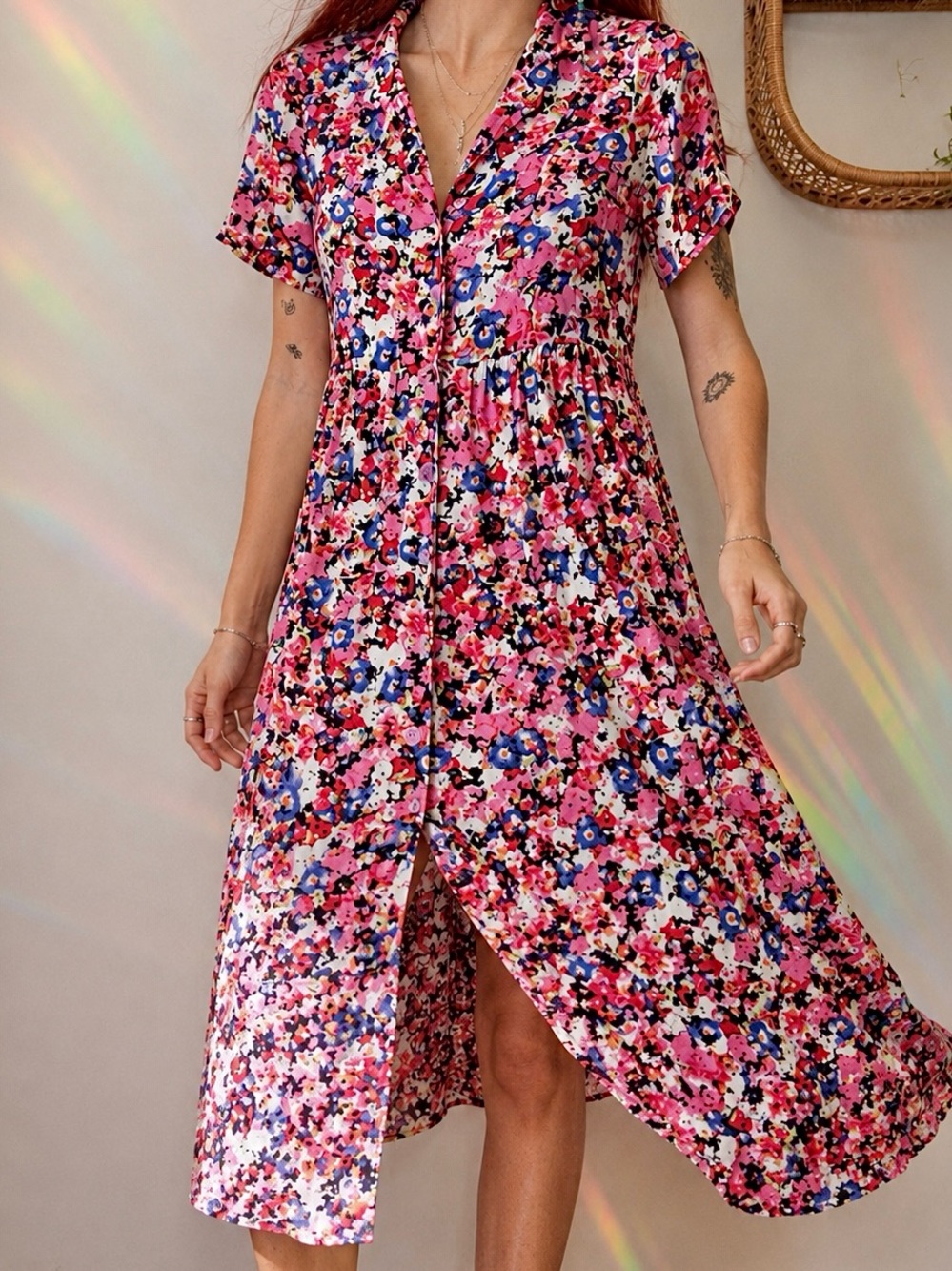 Monkl Abstract Floral Button Front Midi Dress XS
